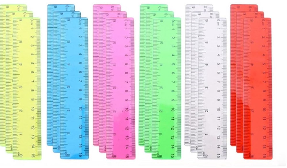 Jhubersproducts - Liniaal - Transparante linialen - Nauwkeurige meting - 15 cm - Set van 18 stuks - Geschikt voor school en kantoor - Willekeurige kle
