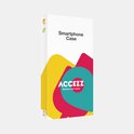 Verpakking van Accezz smartphonehoes met kleurrijke abstracte vormen en logo.