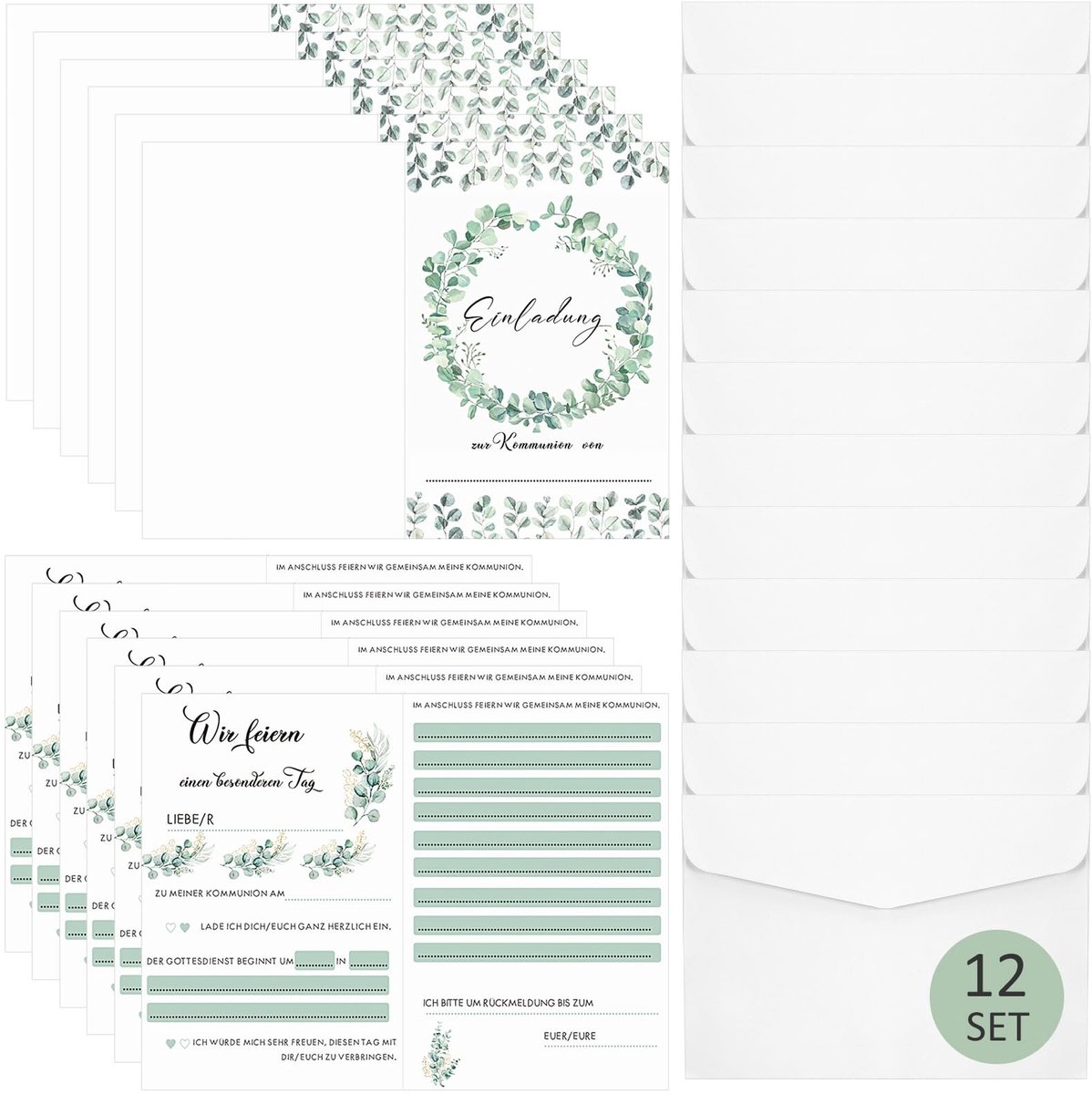 Dailygoods - Uitnodigingskaarten communie - Eucalyptus - Set van 12 - Vouwkaarten met envelop - Geschikt voor jongens en meisjes - Persoonlijk en eenv