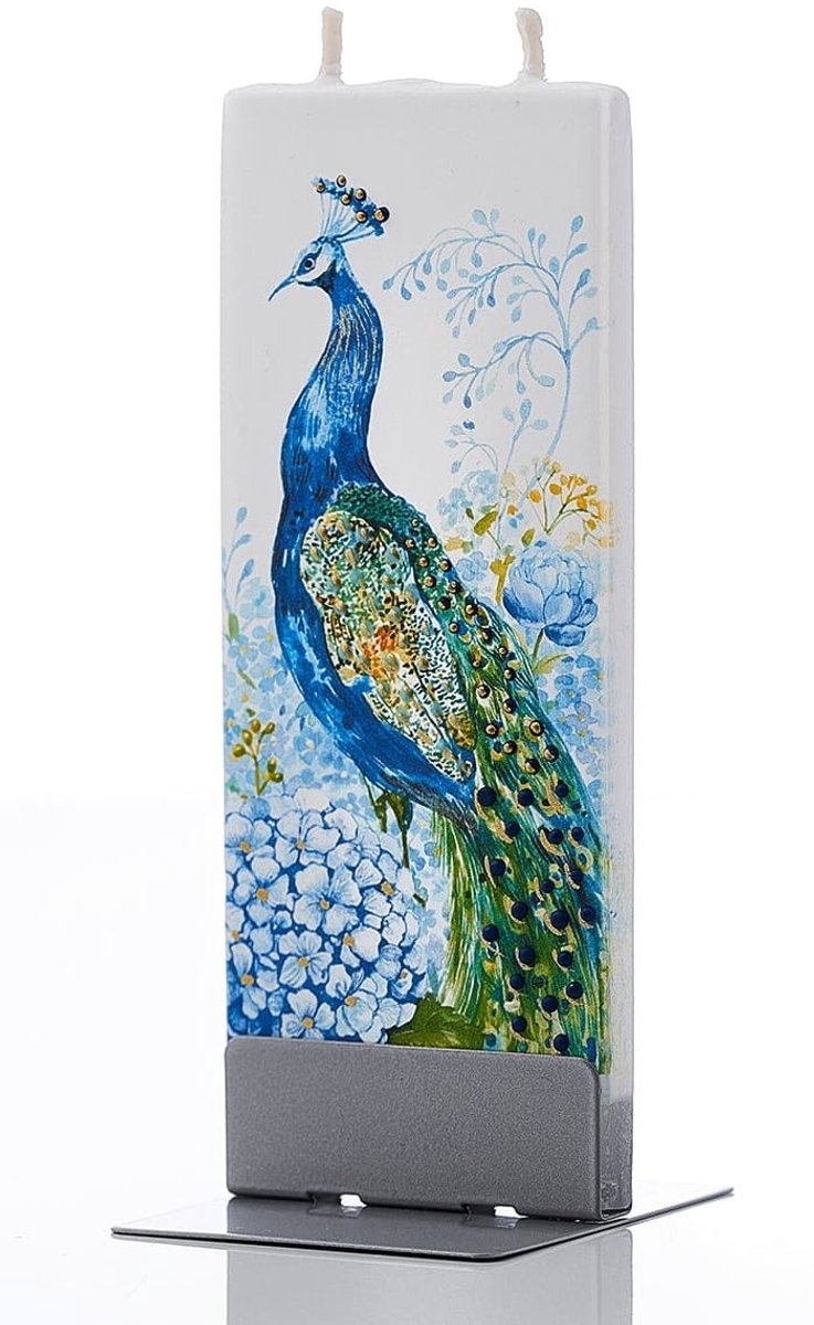 Kleurrijke Pauw met Bloemen | FLATYZ platte kaars – uniek handbeschilderd cadeau