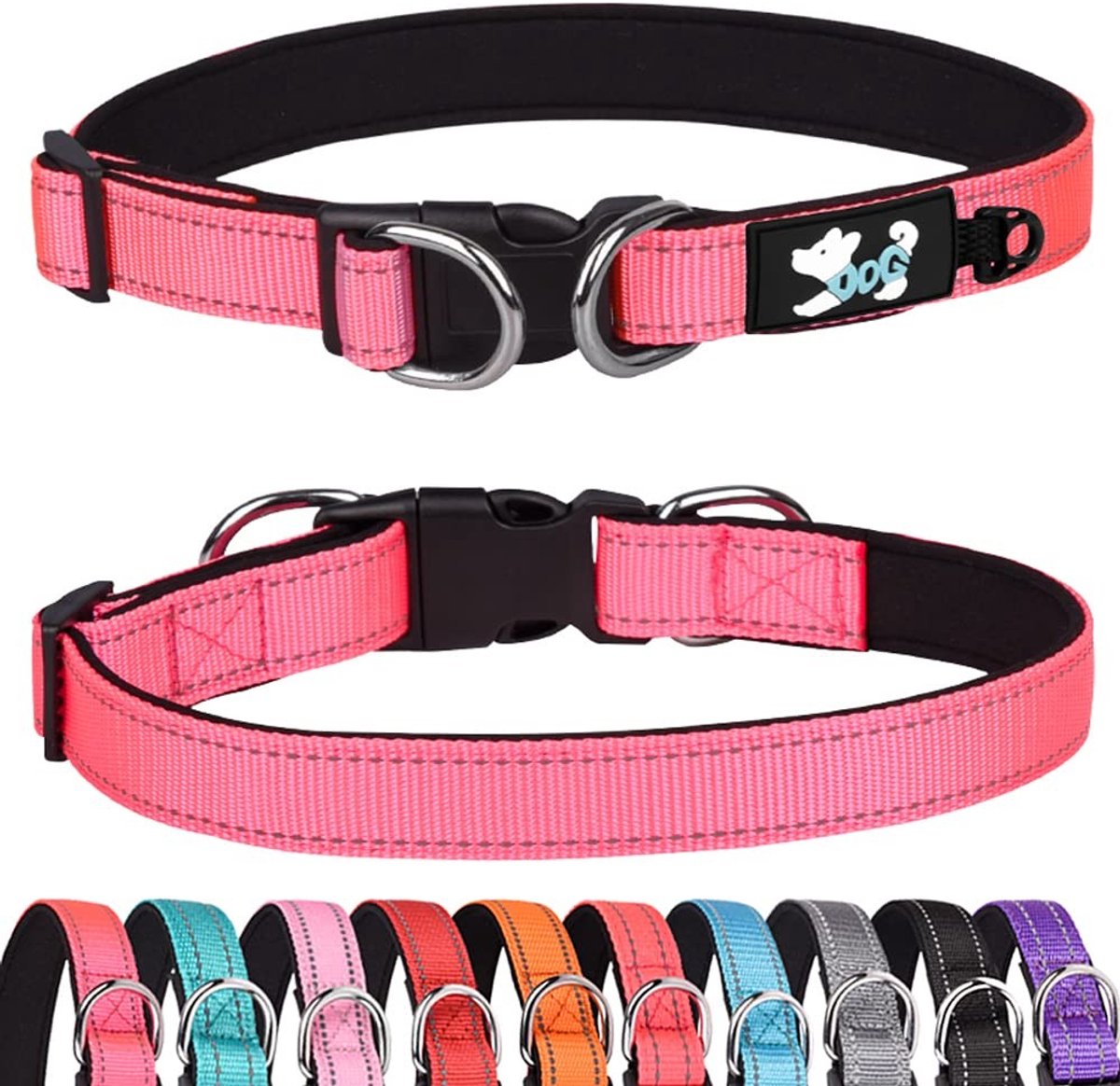 Dailygoods - Gewatteerde Halsband Hond - Reflecterende Hondenhalsband - Comfortabel en Zacht - Donkerroze - Verstelbare Halsbanden - Geschikt voor Kle