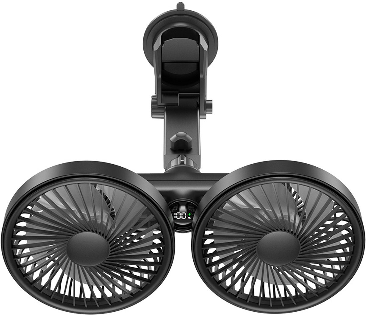 Ulisem - Voorbankventilator - Met zuignap beugel - 3600mAh oplaadbaar - 3 snelheden - Dubbel 5.7 inch kop - 360° roteerbaar - Led display - Stille motor - Voor auto en reizen - Zwart