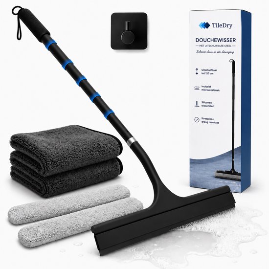 Raclette de douche avec manche télescopique, deux embouts microfibre, deux lingettes sèches et un crochet de suspension.