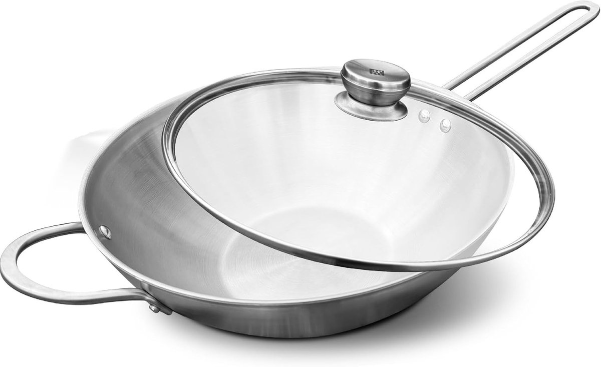Wok Pan - Roerbakpan Aziatisch - Snel Koken - Sigma Clad Bodem - 30 cm - Zilver