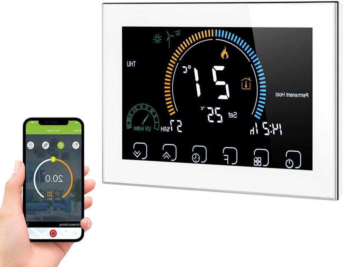 Slimme Thermostaat - Verwarming Regelaar - Energie Besparen - App Bediening - 4.8 Inch LCD - Wit