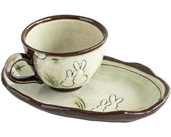 Porseleinen Koffiemok - Cappuccino Beker - Geniet van Koffie - Inclusief Schotel - 150 ml - Beige