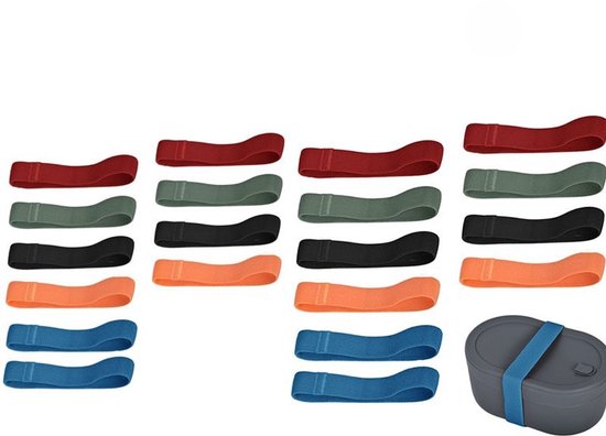 Vijf rijen met lunchbox-elastieken in rood, groen, zwart, oranje en blauw. Rechts een grijze lunchbox met een blauw elastiek.