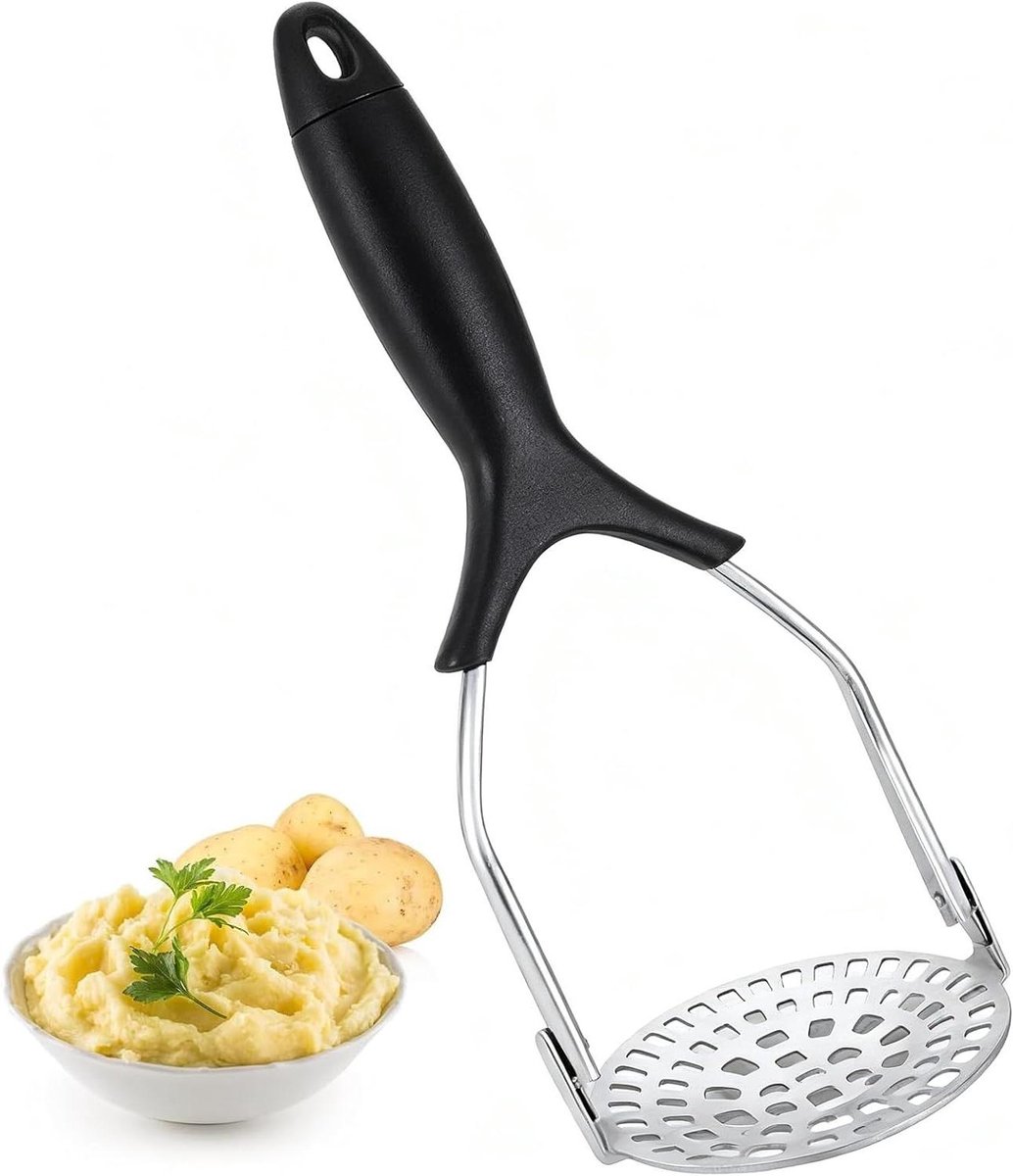 Aardappelpers, 1 stuk robuuste aardappelpers van roestvrij staal, 27 x 10 cm, gereedschap voor het persen van groenten, avocadobonen, ergonomische antislip handgreep, vaatwasmachinebestendig