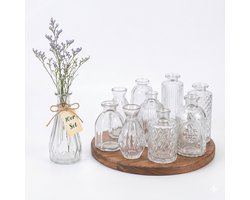 Mini vaasjes - set van 10 - h: 10-14,7 cm hoog - glas - transparant