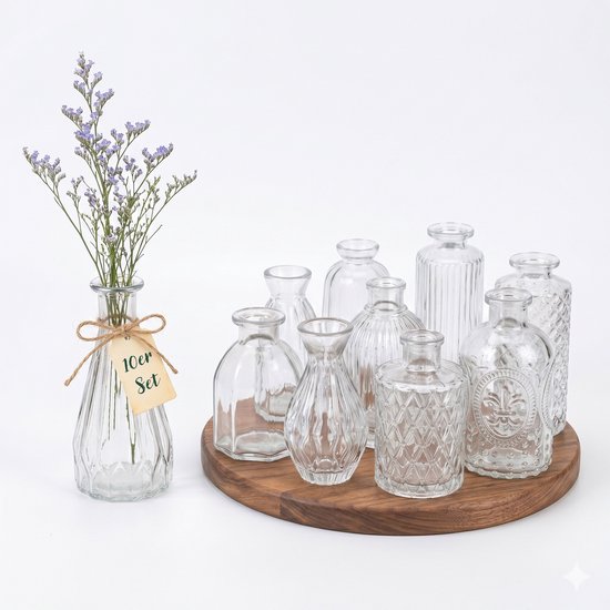 Mini vaasjes - set van 10 - h: 10-14,7 cm hoog - glas - transparant