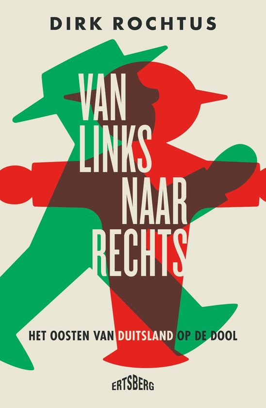 Boek 'Van links naar rechts' van Dirk Rochtus met gestileerde rode en groene figuren, op een crèmekleurige achtergrond.