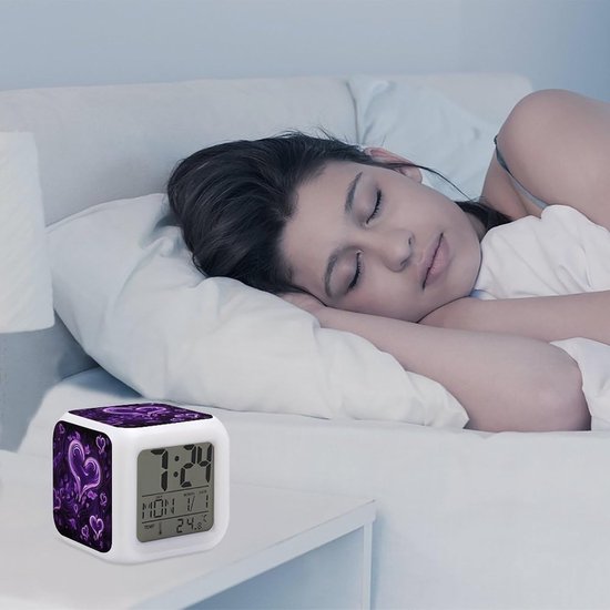 Digitale Wekker - Kleurveranderende Klok - Sfeervol Wakker Worden - Zeven Kleuren Licht - 79 x 79 cm - Paars — afbeelding 3