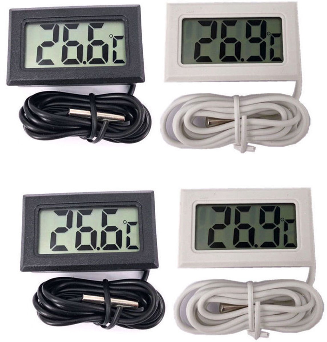 Mini LCD-thermometer, 2 zwarte en 2 witte.