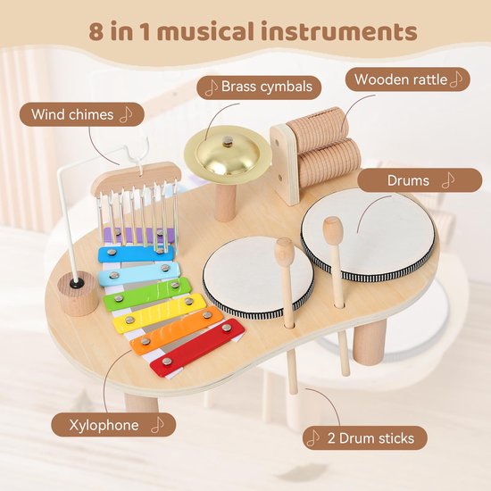 Houten muziekinstrumentenset met xylofoon, trommels, cimbalen, windgong en ratel, met labels die de onderdelen identificeren.