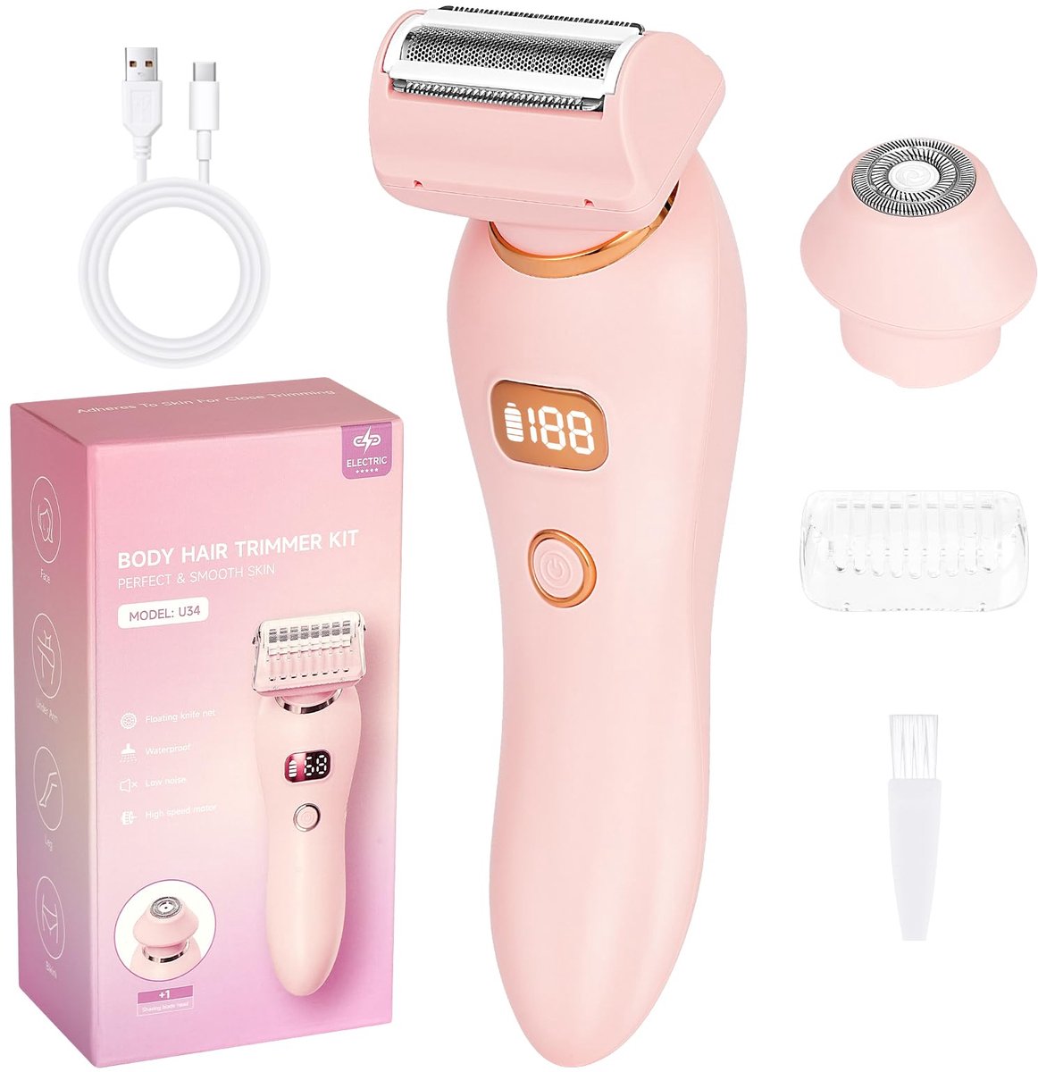 carmdering - Dames Trimmer - Elektrische Trimmer - Bikini Trimmer - Roze, 3 zwevende messen, anti-allergisch - IPX7 waterdicht, oplaadbaar (2 uur = 80 min) - Voor bikinilijn, gezicht, oksels en benen - Incl. opbergtas en USB-kabel