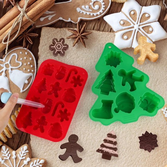 Siliconen Mallen voor Kerstmis Bakken - 2 Stuks voor Koekjes, Taarten en Snoepgoed met Dripper en Snackzakken (Rood, Groen) van Merkloos — afbeelding 5