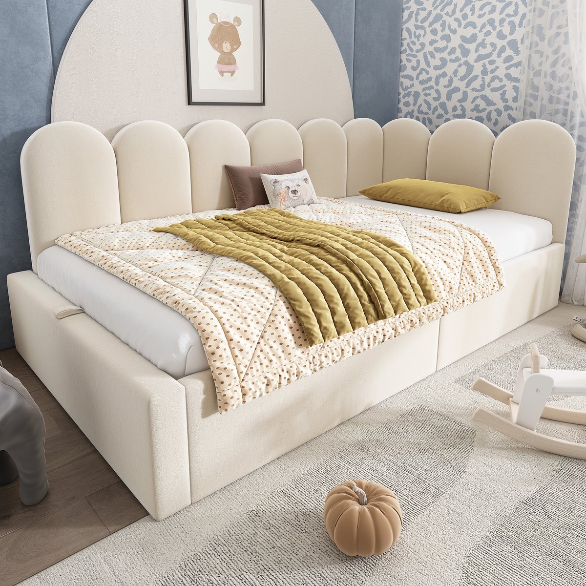 Daybed 90x200 cm - slaapbank met hydraulische opbergruimte - stil metalen lattenbodem - velvet kinderbed - beige