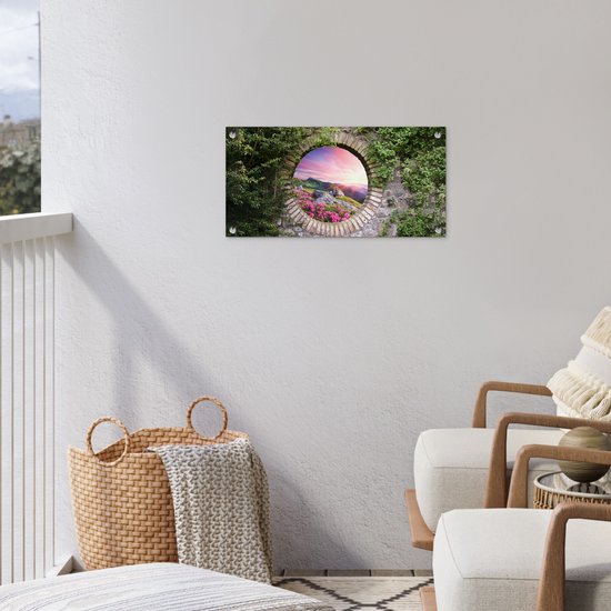 Affiche de jardin - Vue - Montagnes - Pierres - Coucher de soleil - Fleurs - 60x30 cm - Décoration de clôture - Peinture de jardin - Toile de jardin