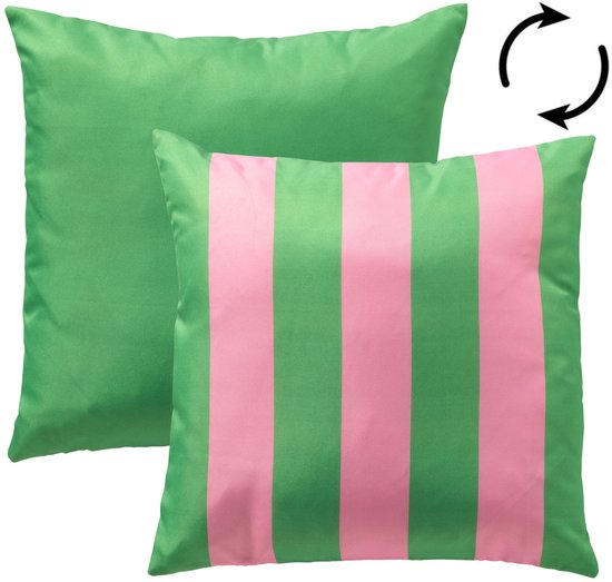 Groen en roze gestreepte kussensloop, 45x45 cm.