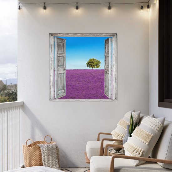 Affiche de jardin - Violet - Lavande - Arbre - Vue - Jardin - 100x100 cm - Décoration clôture - Peinture jardin - Tissu jardin