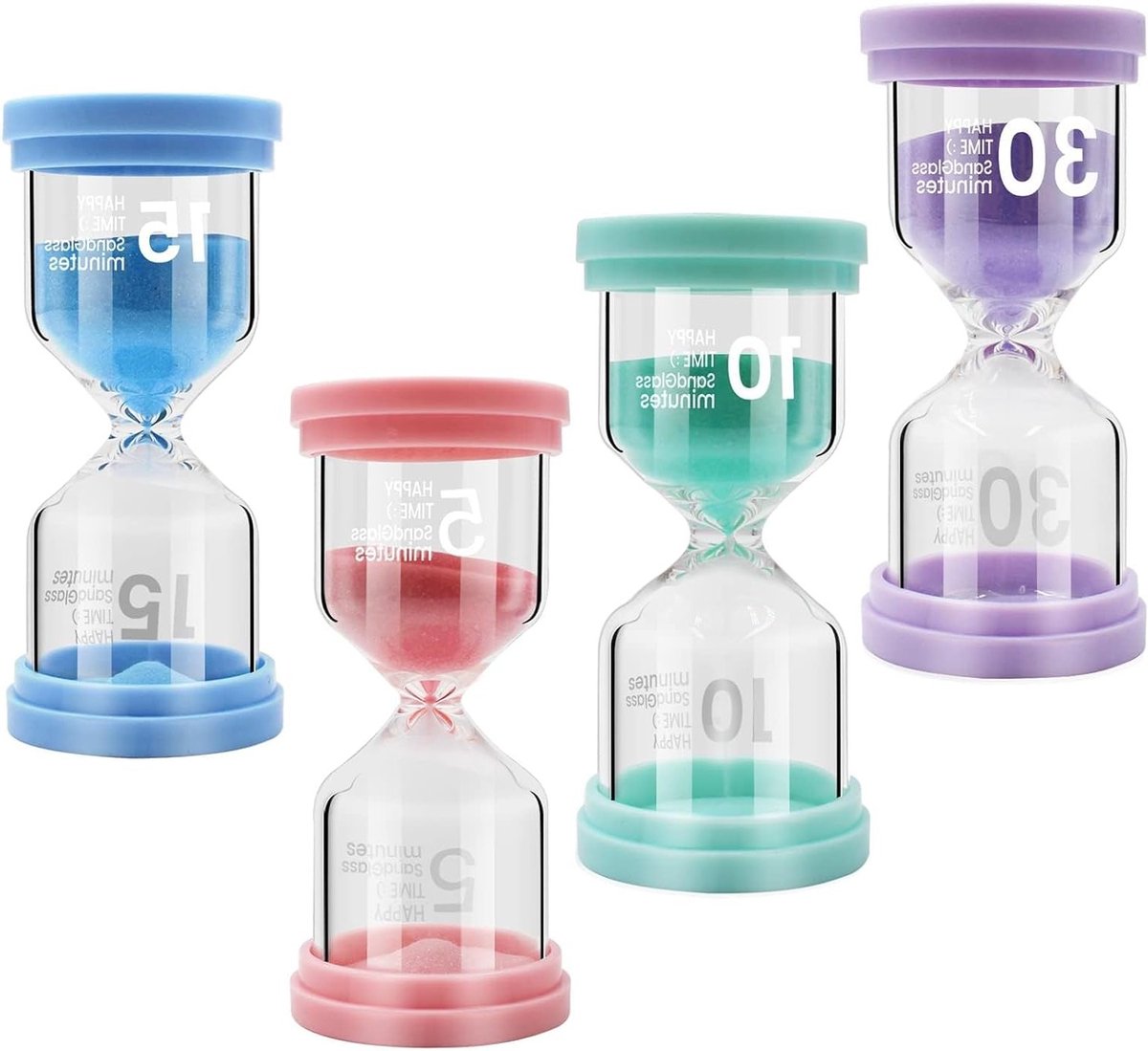 Set van 4 Kleurrijke Zandlopers voor Kinderen, Eiertimer, Glazen Timer voor Tandenpoetsen en Spelletjes van 5/10/15/30 Minuten