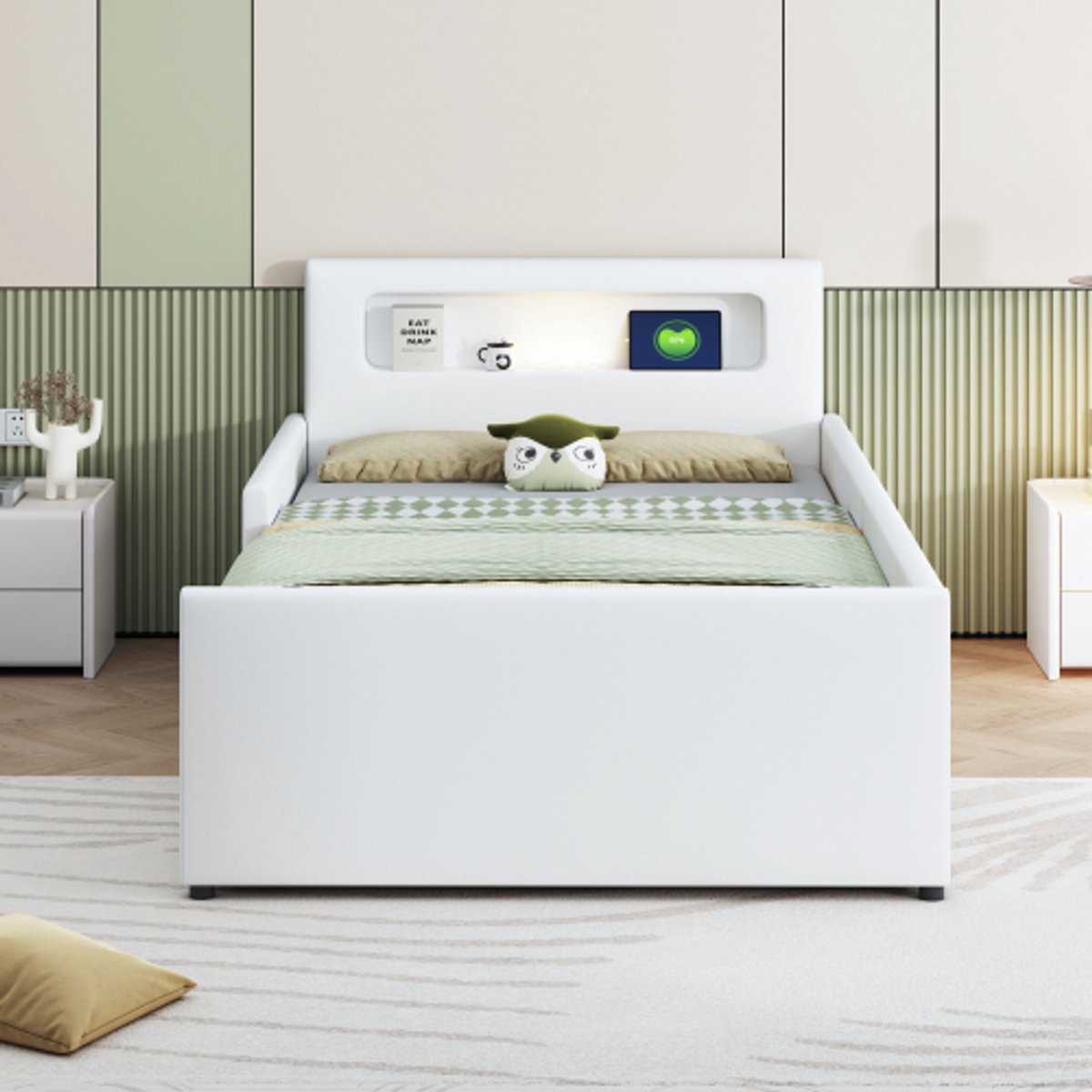 Zubaliya Kinderbed 90 x 200 cm wit - kunstleer - Nachtlicht - USB oplaadaansluiting - bed met opbergruimte - gestoffeerd bed - voor slaapkamer