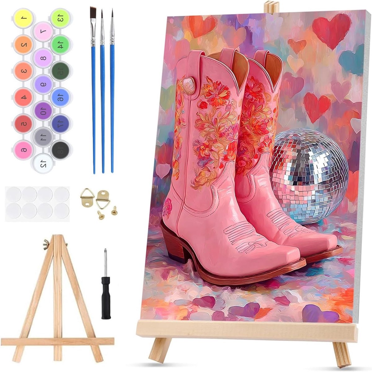 Volwassen Schilderen op Nummer met Framed Canvas en Easel - Roze Laarzen Schilderkit, Disco Bal Acrylverf voor Wanddecoratie (20x30cm) - Creatief Hobbyproject voor Thuis
