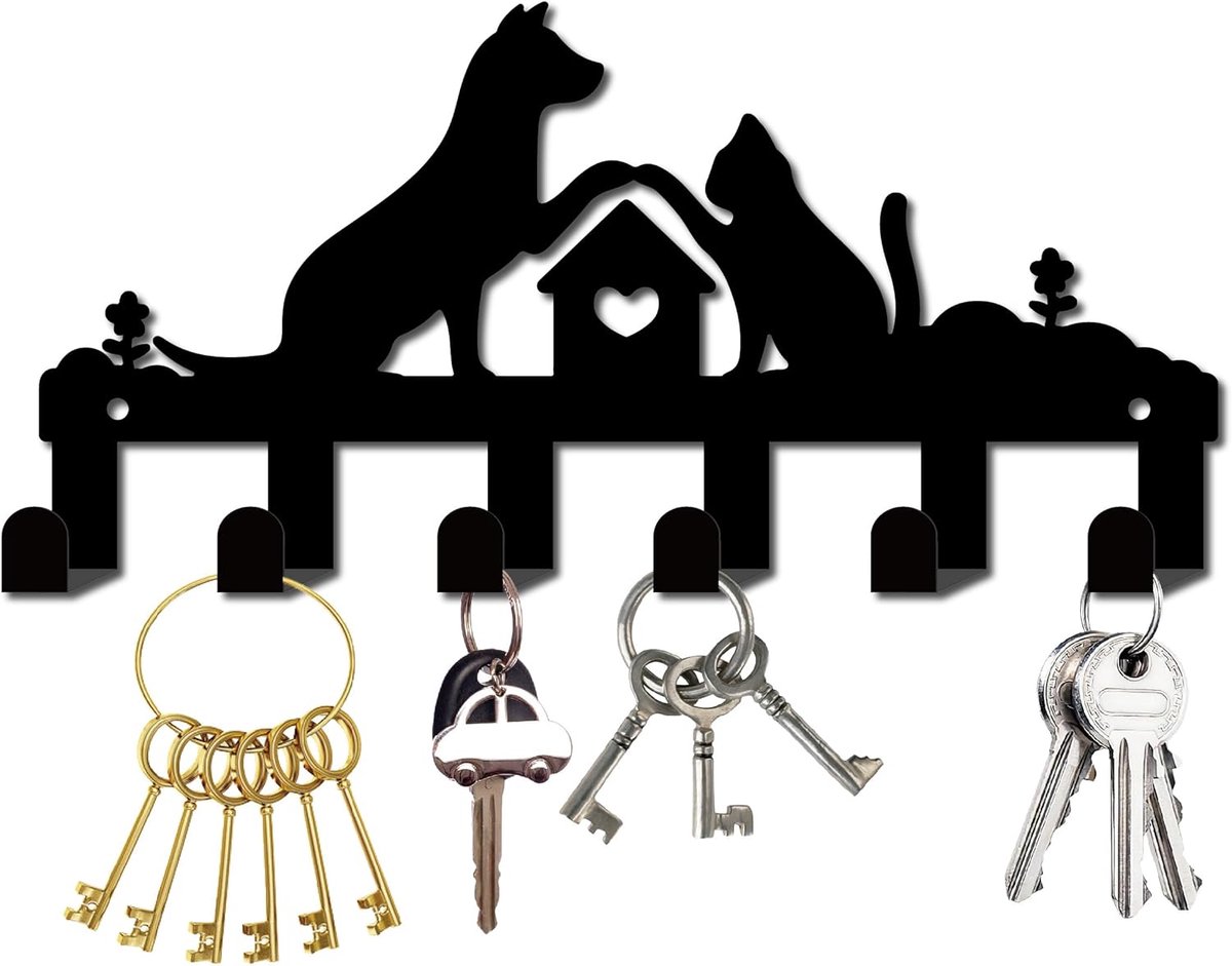 Wandorganizer Katvorm 6 Haken Zwart Metaal Sleutelhanger Interieurdecoratie 27x13 cm