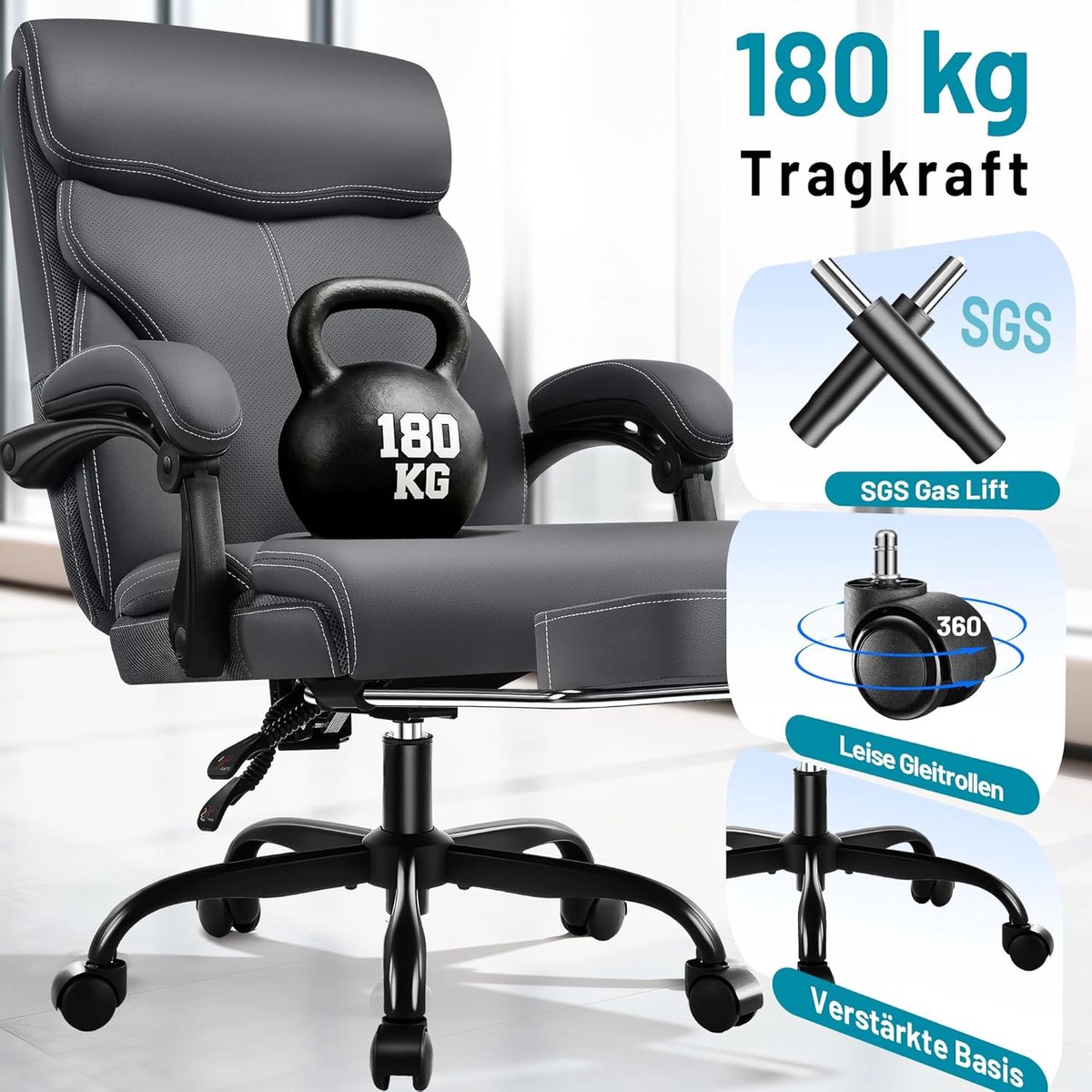 Bureaustoel Ergonomisch XXL - House&Garden Executive Elite Pro - Met Voetsteun, Verstelbare Armleuningen, Hoge Rugleuning, Kantelbaar 90-135°, Kunstleren Managersstoel, Draaibaar, Belastbaar tot 200 kg - Grijs