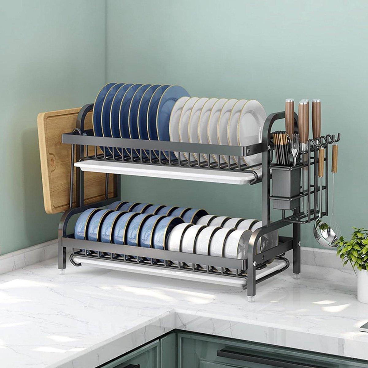 Afdruiprek Keuken - Vaatrek 2 Lagen - Vaat Drogen - Verstelbare Afvoer - 42 cm Breed - Zwart