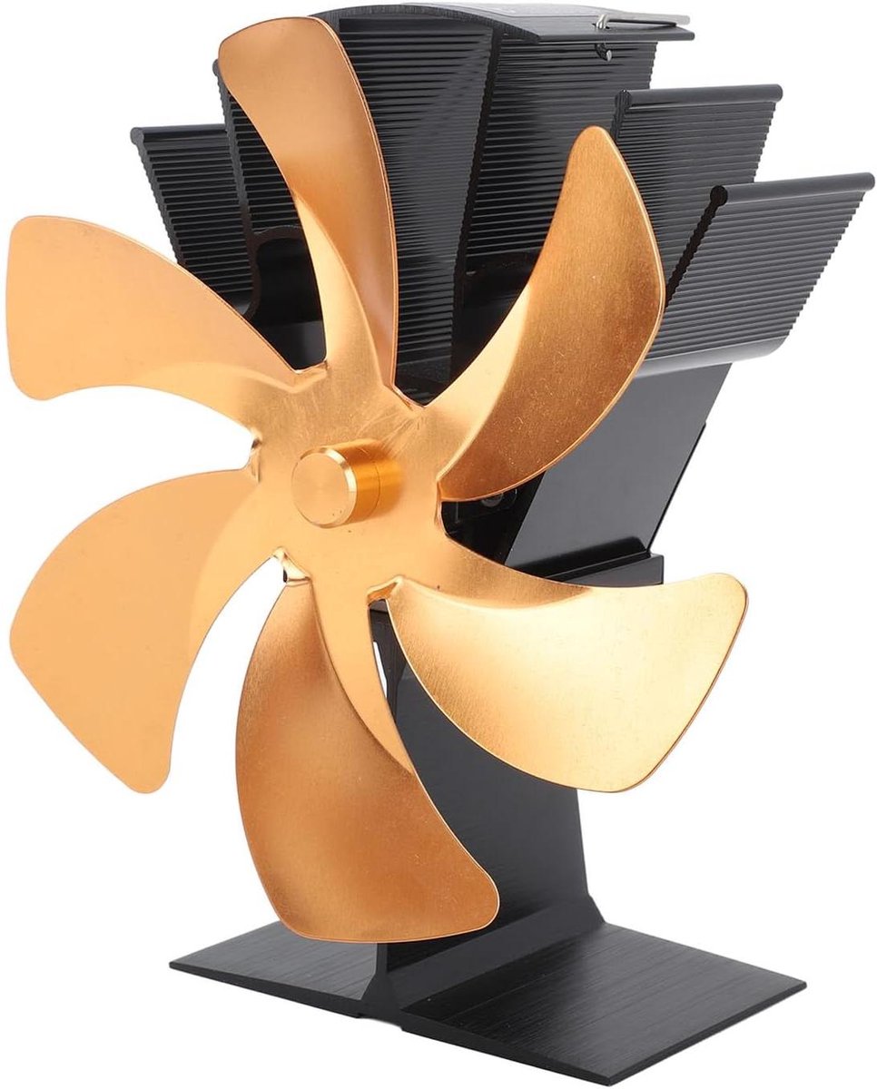 FTVOGUE Houtkachelventilator, Aluminiumlegering, 3 Bladen Warmte-aangedreven Open Haardventilator met Thermometer voor Efficiënte Luchtcirculatie, Ideaal voor Houtkachels (GOLD)