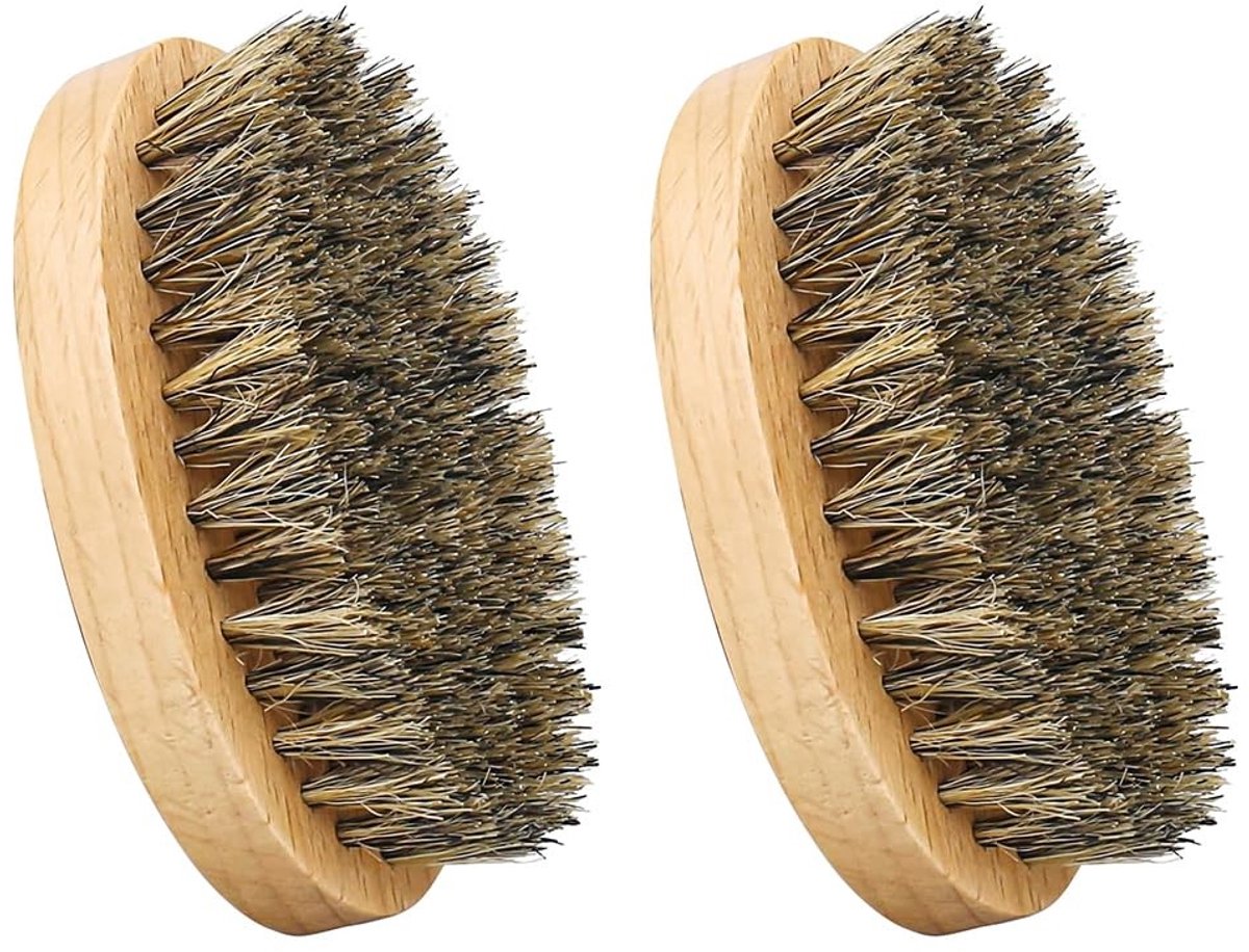 Dailygoods- Baardborstel Natuurlijke Everzwijnharen - Compact - Lichtgewicht - Houten Basis - 2-delige Set - 8,5 x 4,5 x 2,7 cm - Baardkam