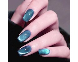 30 Pcs French False Nails Short Square, Blue Crystal Press-on Nails, Glitter Cat Eye Fake Nails with Glue Stickers, Cute Natural Acrylic Full Coverage Sticky Nails for