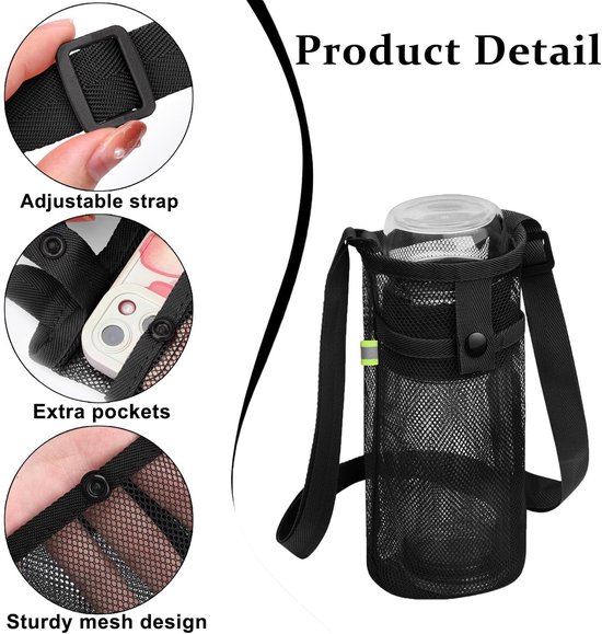 Dailygoods- Waterfleshouder met verstelbare schouderband - Fleshouder voor wandelen - Drinkfleshouder - Nylon - 19.5 x 9 cm - Zwart — afbeelding 3