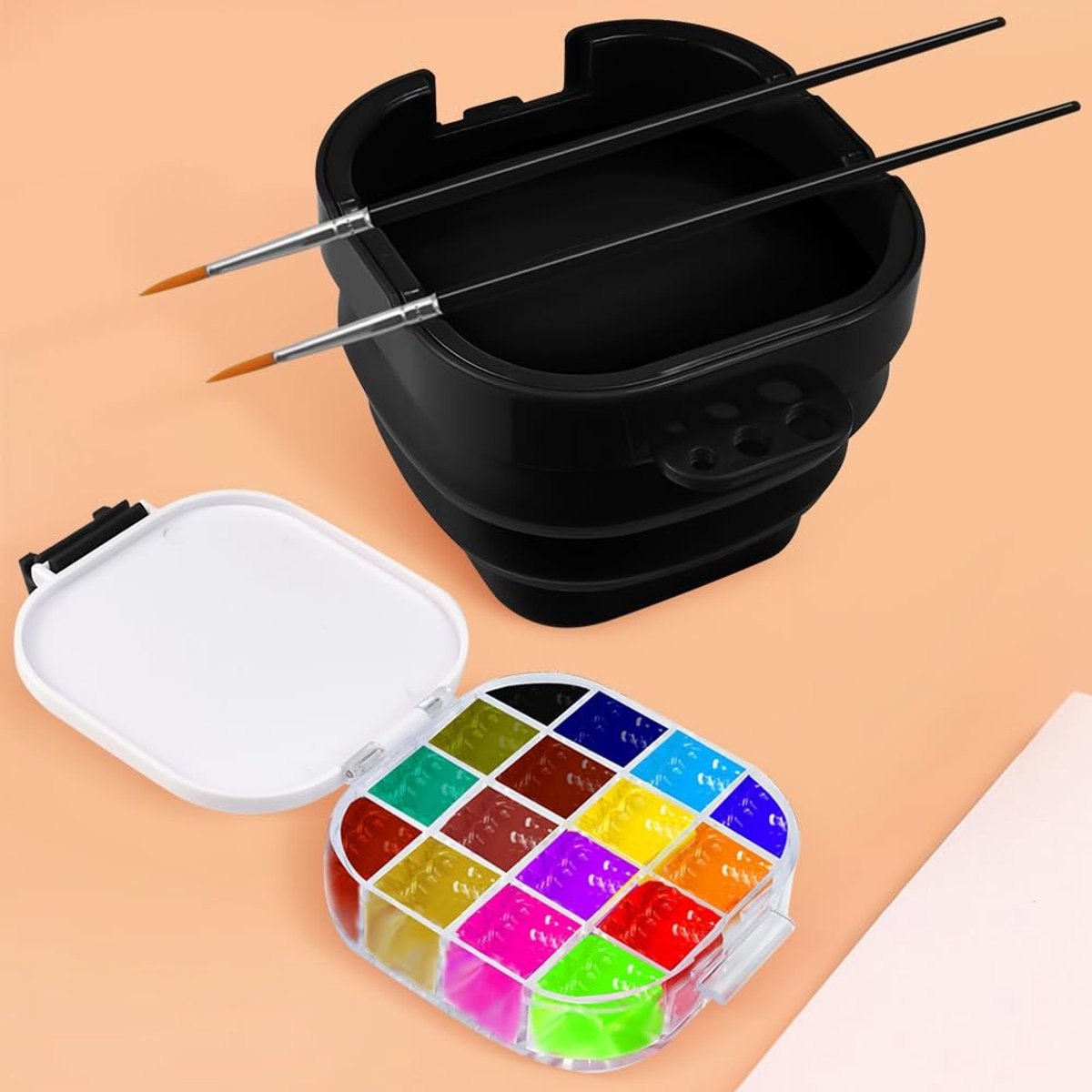 Dailygoods- Verfpalet 16 Wells - Opvouwbare Verfdoos - Multifunctionele Penseelwasemmer - Draagbare Aquareldoos - Luchtdicht - Inclusief Waterbeker