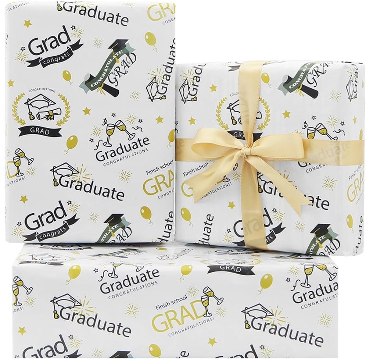 Dailygoods- Cadeaupapier Afstudeerfeest - 4 Vellen 50x70cm - Goud/Wit - Inpakpapier - Hoogwaardige Kwaliteit - Inclusief Rol Gouden Lint