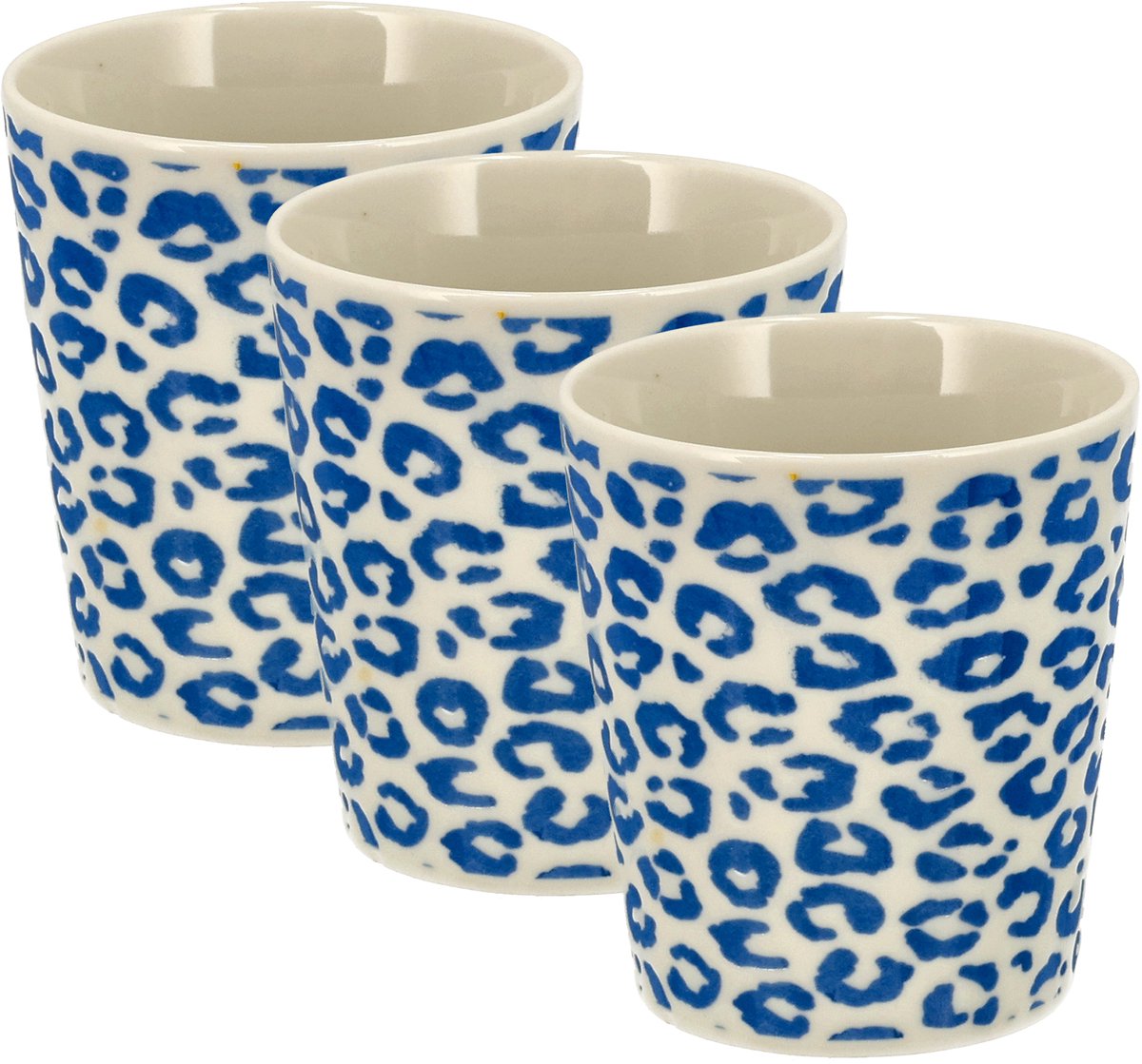 Koffiekopjes Set van 3 – Keramische Mokken 200ml – Espresso Kopjes Zonder Oor - Blauw Wit Cappuccino Bekers – Luipaard Patroon Theekopjes