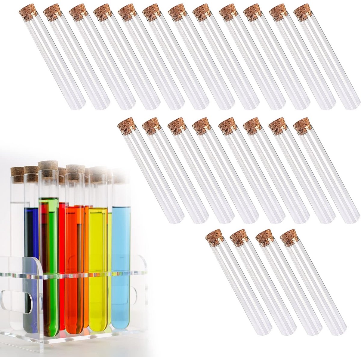 Dailygoods- Reageerbuisjes 24-delig - Reageerbuisjes met Kurk - Transparante Reageerbuisjes - Buisjeshouder - Voor Feestcadeaus - Voor Bruiloften - Laboratoriumbuizen