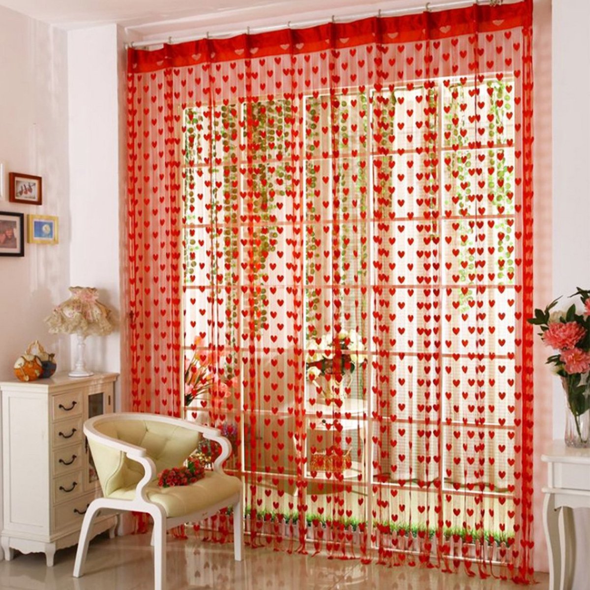 Dailygoods- Draadgordijn Hartvormig 100 x 200 cm - Deurgordijn - Raamscherm - Raamdecoratie zonder boren - Raamdecoratie vensterbank - Eenvoudig te installeren
