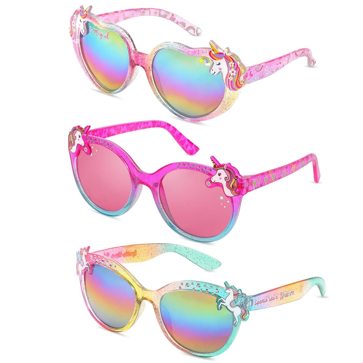 Dailygoods- Zonnebril Kind - 3 Paar Eenhoorn Zonnebrillen - UV400 Bescherming - Hoogwaardig Kunststof - Perfect voor Buitenactiviteiten - Geschikt voor 3-10 Jaar - Kindersunglasses
