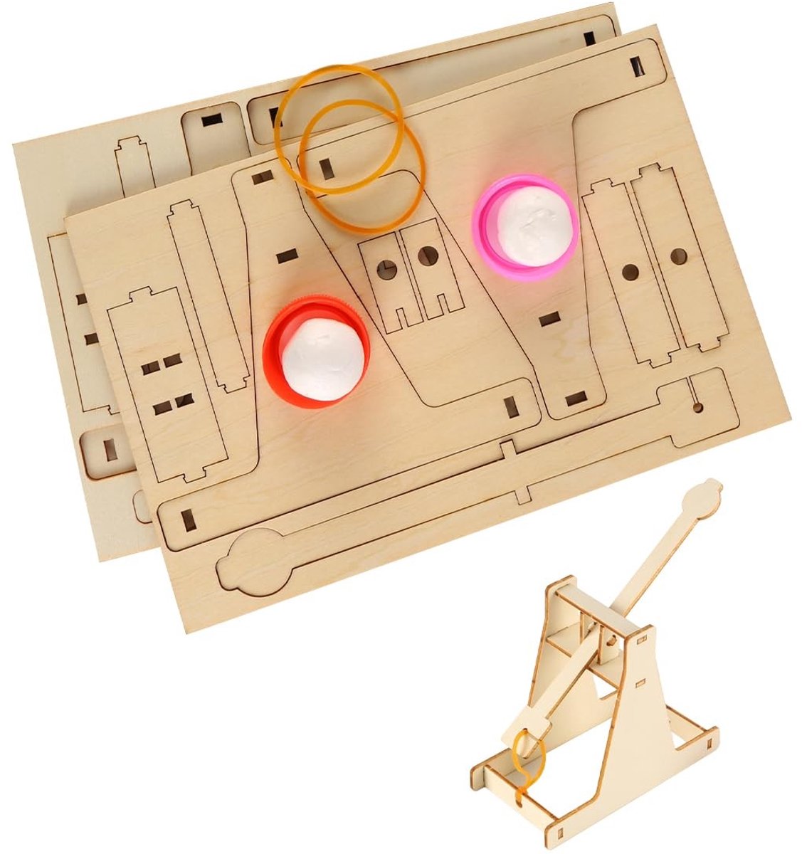Dailygoods- Katapult Houten - 2-Pack met Verstelbaar Afvuurmechanisme - Educatief Bouwproject - Nauwkeurig Lasergesneden Onderdelen - Herbruikbare Componenten - Milieuvriendelijke Verpakking - Trebuchet