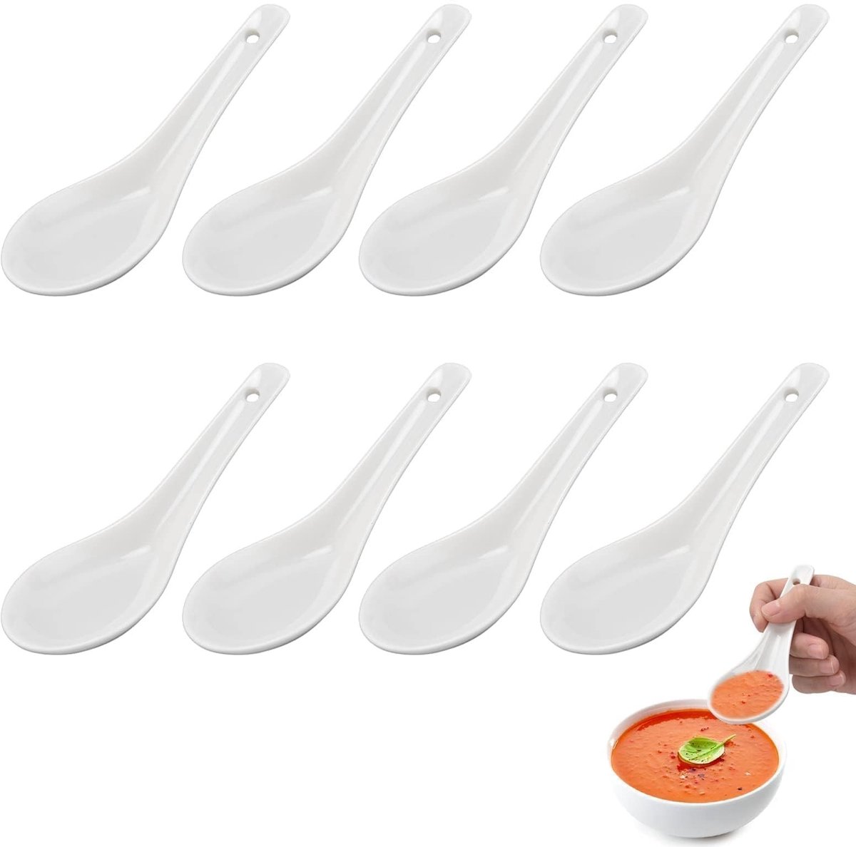 Dailygoods- Soeplepel Keramisch - 8 Stuks - Kleine Eetlepels - Japanse Lepels - Geschikt voor Ramen - Keukenaccessoire - Eetlepel