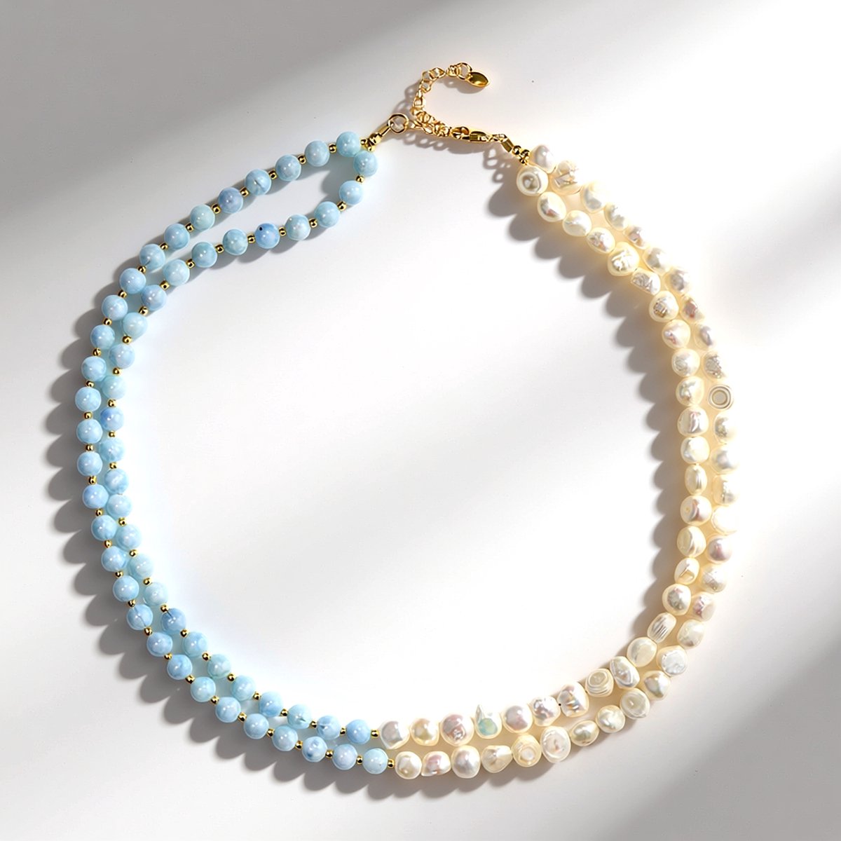 Cavill - 925 Sterling Zilver Halsketting - 8.3 ct Braziliaanse Aquamarijn - Witte Zoetwaterparels - Gouden Hematiet - Elegant 45-50 cm