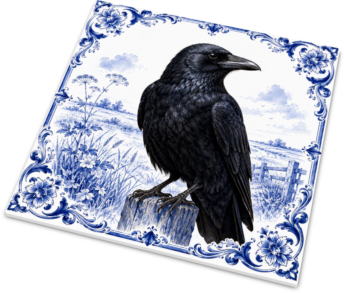 Tegeltje Zwarte Kraai - Delft Blue Series - Kraai Corvus corone Weidelandschap - Glanzend
