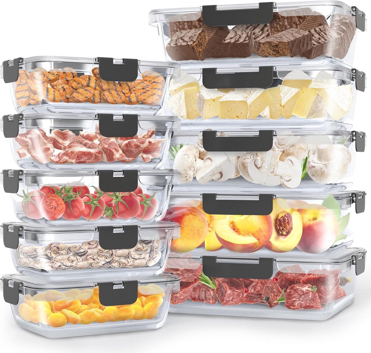 Glazen Vershoudbakjes - Meal Prep Bakjes - Voedsel Bewaren - Oven Magnetron Vaatwasser Bestendig - 10 Delig 1060ml 370ml - Transparant