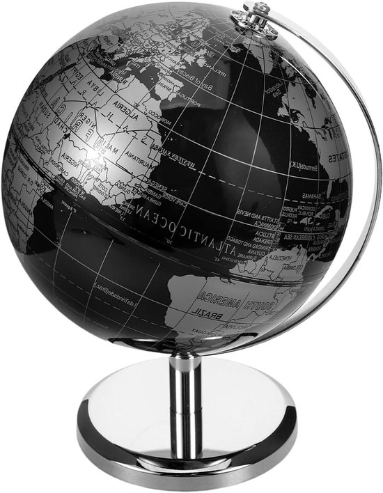 Antieke Wereldbol - Decoratieve Bol - Bureau Decoratie - Draaiende Functie - 19.5 cm Hoog - Zwart Zilver