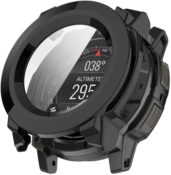 Coque PC Strap-it en verre compatible avec Garmin Instinct 3 - 45 mm - Protection optimale contre les rayures et les chocs - Protecteur d'écran (Noir)