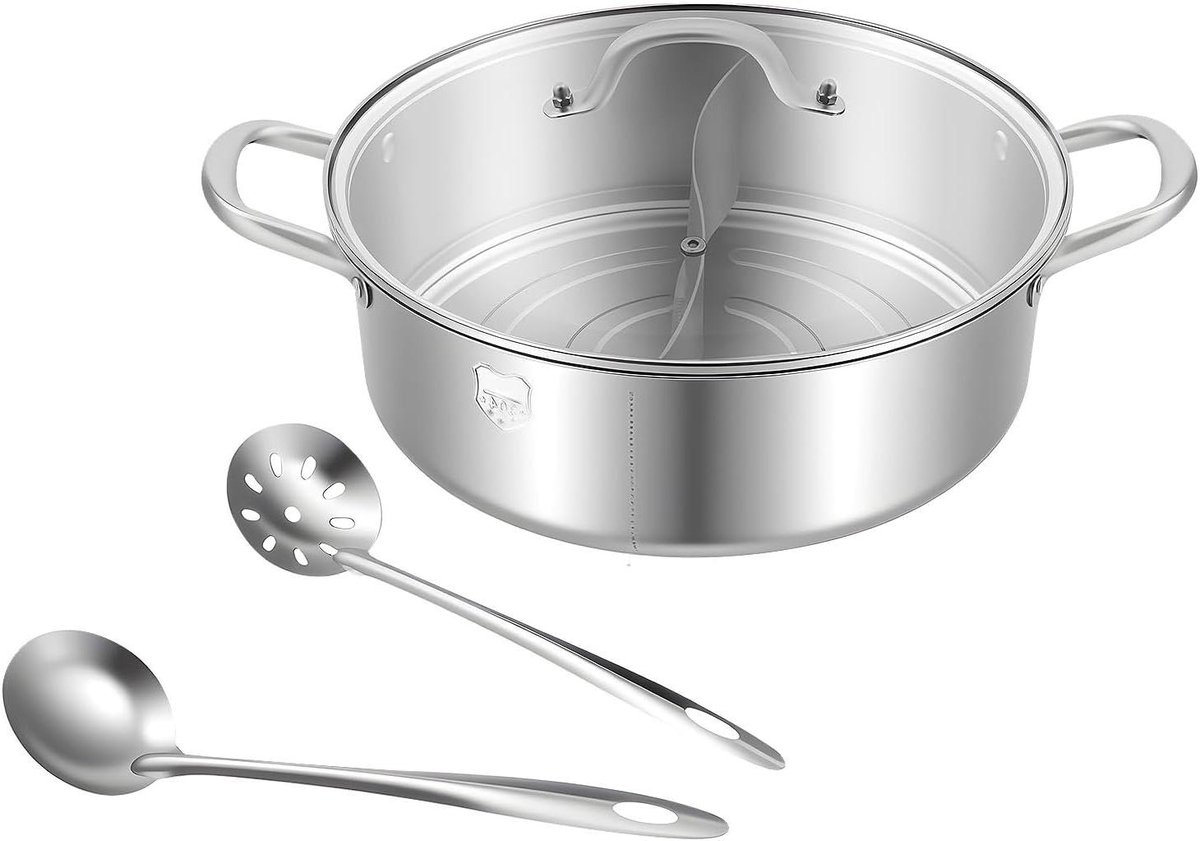 Gedeelde Hot Pot - Soeppan met Deksel - Samen Eten - Dubbele Smaak Indeling - 29 cm - Zilver