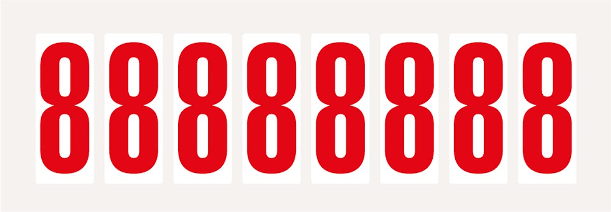 Cijfer stickers 0-9 - zelfklevende folie - 20 kaarten - rood wit teksthoogte 50 mm Cijfer 8