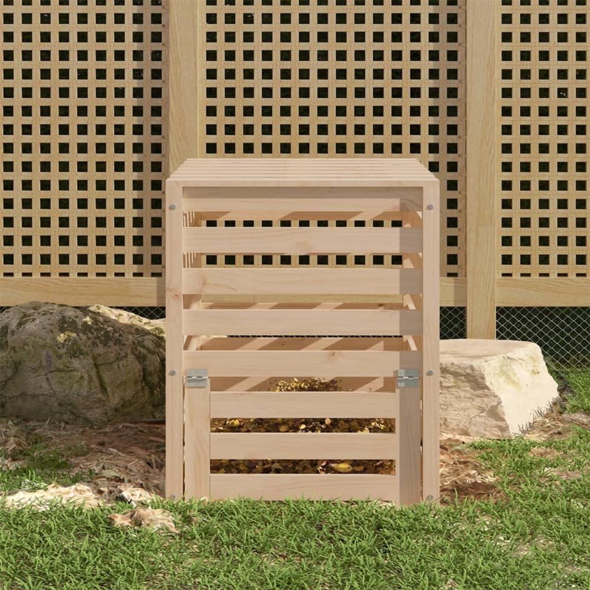 Houten Compostbak - Compostvat Tuinafval - Compost Maken - Lattenontwerp Luchtcirculatie - 635 x 635 x 775 cm - Natuurlijk Grenenhout